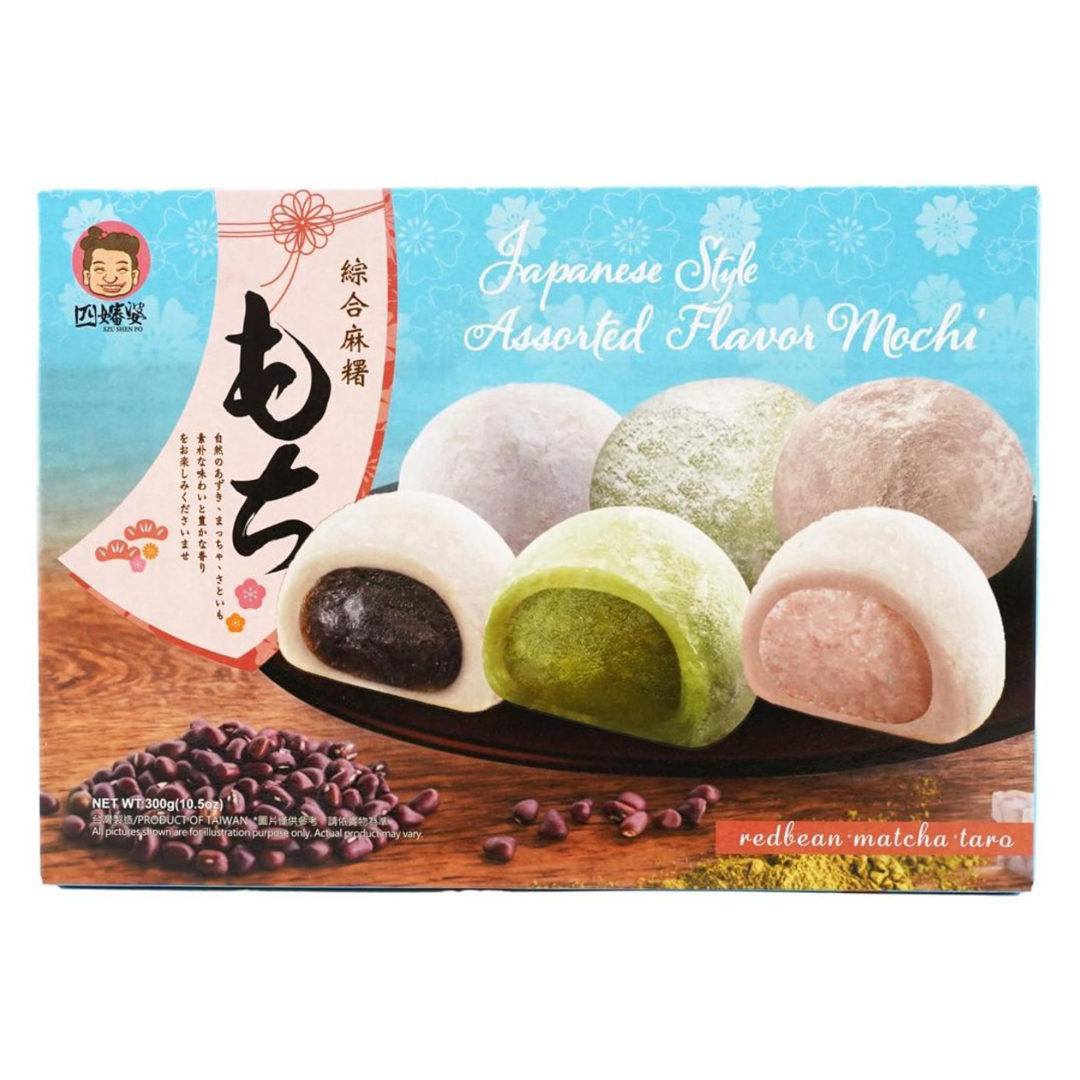 Įvairių skonių mochi (raudonųjų pupelių, Matcha, Taro) SZU SHEN PO, 400 g
