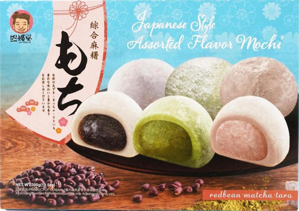 Įvairių skonių mochi (raudonųjų pupelių, Matcha, Taro) SZU SHEN PO, 400 g