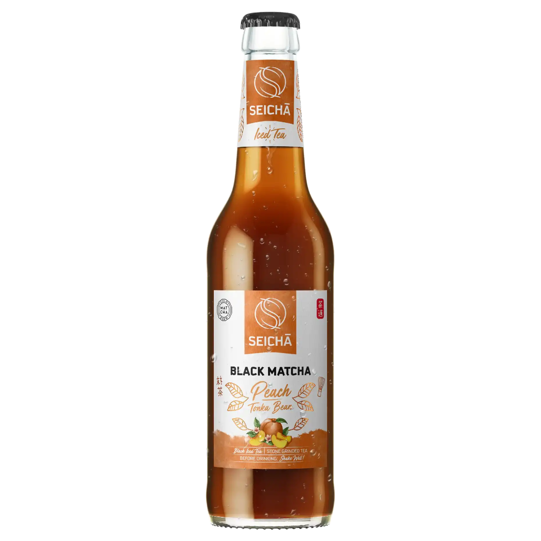 Black Matcha Peach Sparkling Drink SEICHA, 330 ml in a glass bottle