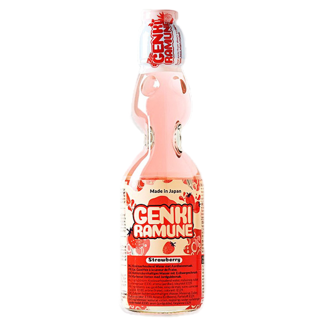 Carbonated Strawberry Drink GENKI RAMUNE, 200 ml in a glass bottle