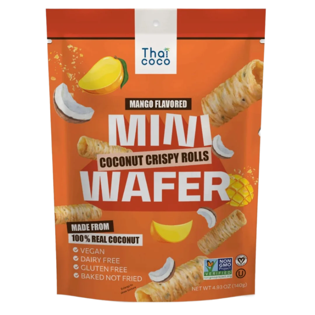 Traškūs kokosiniai mangų skonio vamzdeliai THAI COCO, 140 g