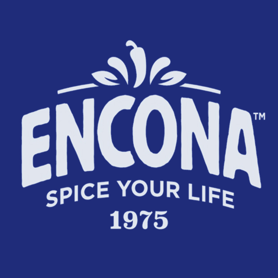 Encona logo with brand name and tagline on a blue background