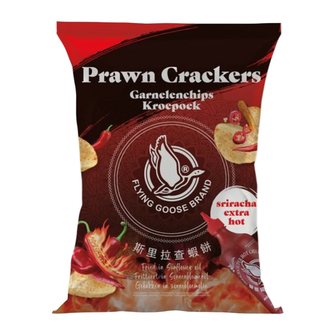 Ypač aštrūs sriracha krevečių traškučiai FLYING GOOSE, 80 g