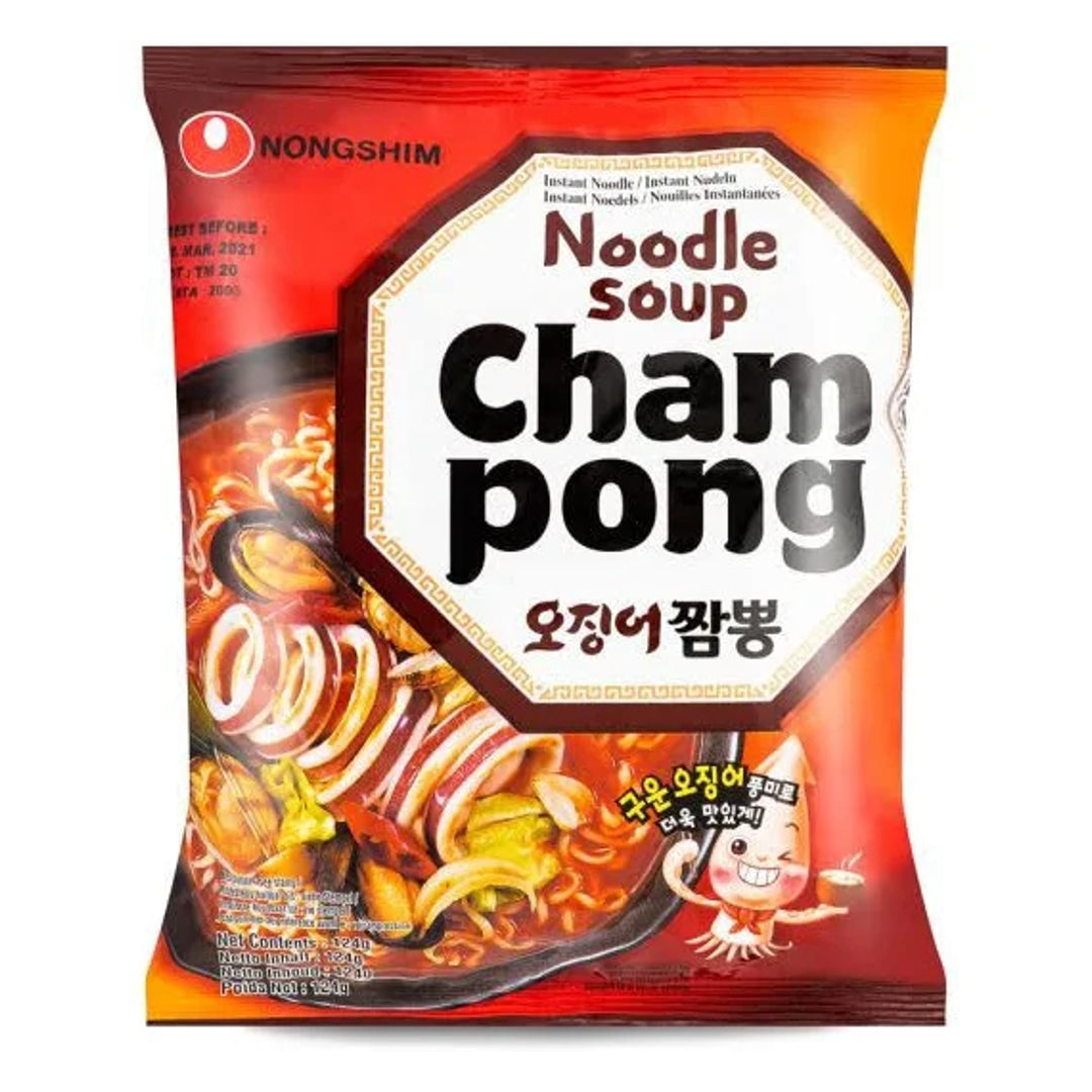 Greitai paruošiami  jūros gėrybių skonio makaronai Cham Pong Ramen NONGSHIM, 124 g