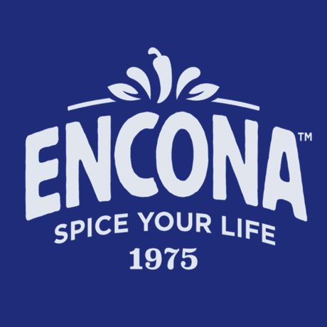 Encona logo with brand name and tagline on a blue background